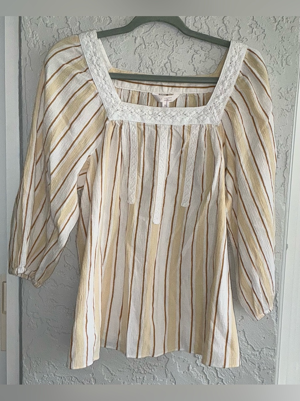Women's Striped Boho Square-Neck Peasant Top - Cream & Tan